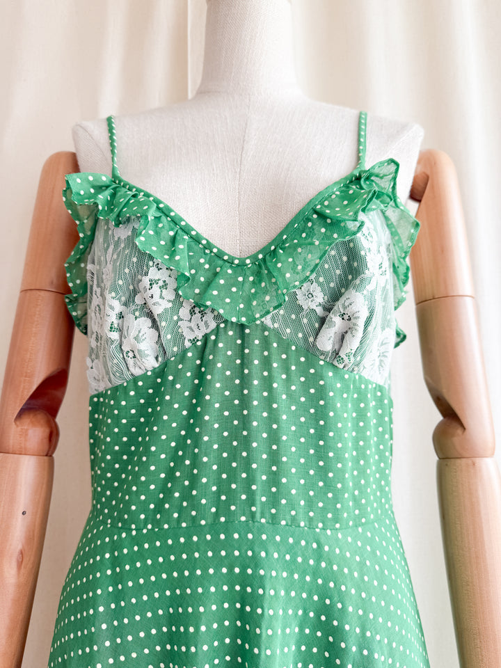 Stunning Clover Green Romantic 70s Cotton Maxi Dress by Kati