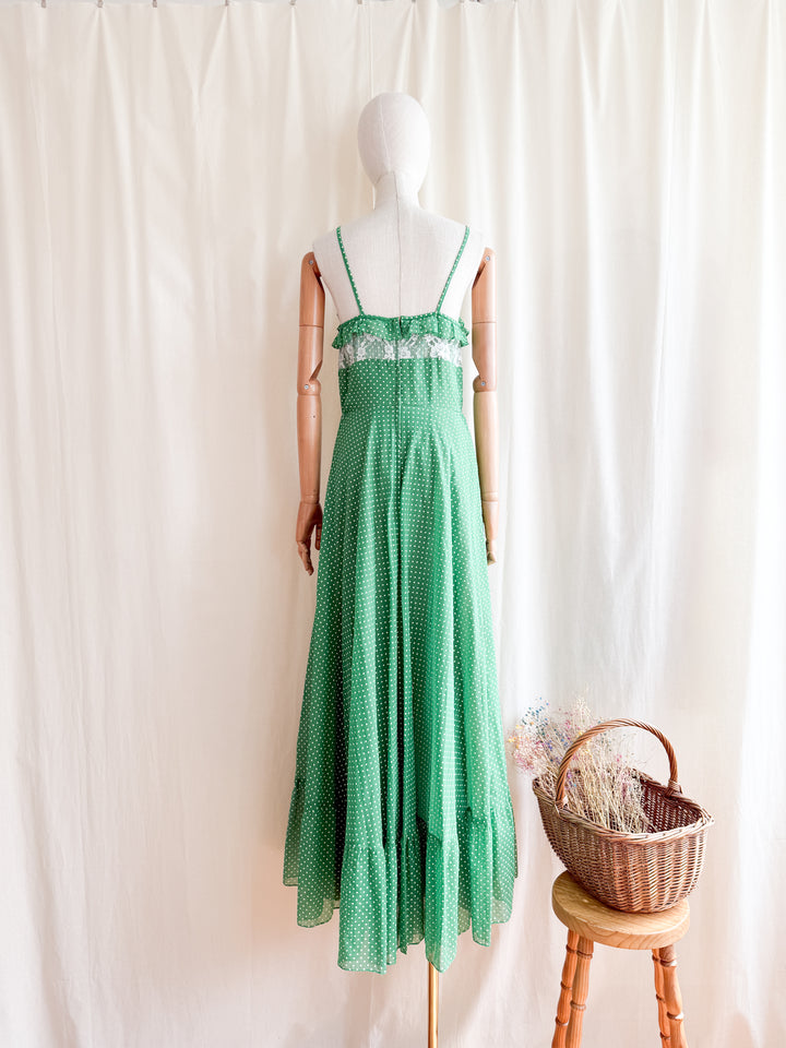 Stunning Clover Green Romantic 70s Cotton Maxi Dress by Kati