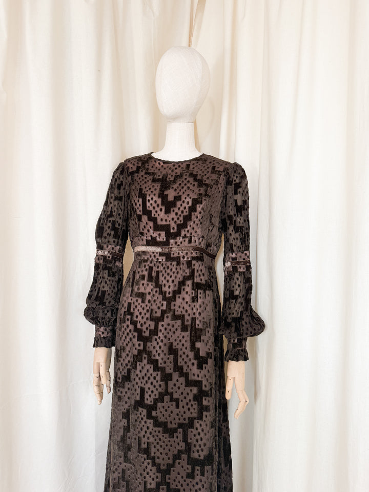 Beautiful Precious 1970s Susan Small Devore Maxi Dress