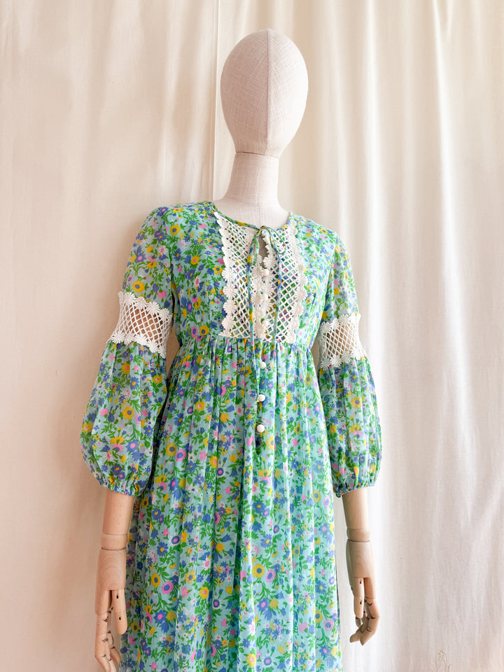 Gorgeous 70s Vibrant Watercolour Floral Bohemian Cotton Maxi Dress