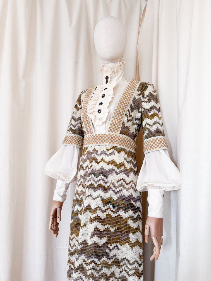 Precious Holy Grail Rare Jean Varon Heavy Woven Wool 1970s Dress and Blouse Ensemble