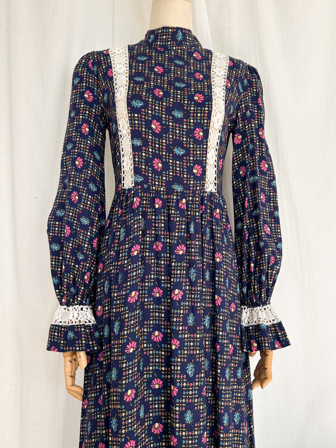 Daisy ~ Stunning Navy Floral Lace Detailed 70s Cotton Prairie Dress