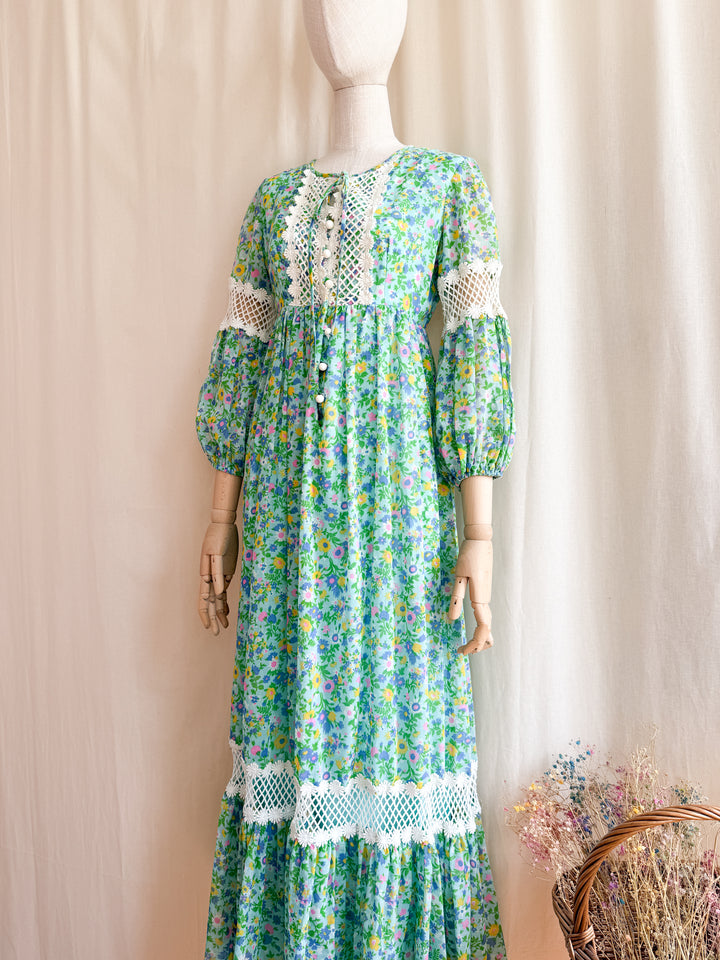 Gorgeous 70s Vibrant Watercolour Floral Bohemian Cotton Maxi Dress