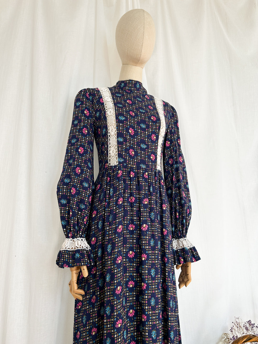 Daisy ~ Stunning Navy Floral Lace Detailed 70s Cotton Prairie Dress