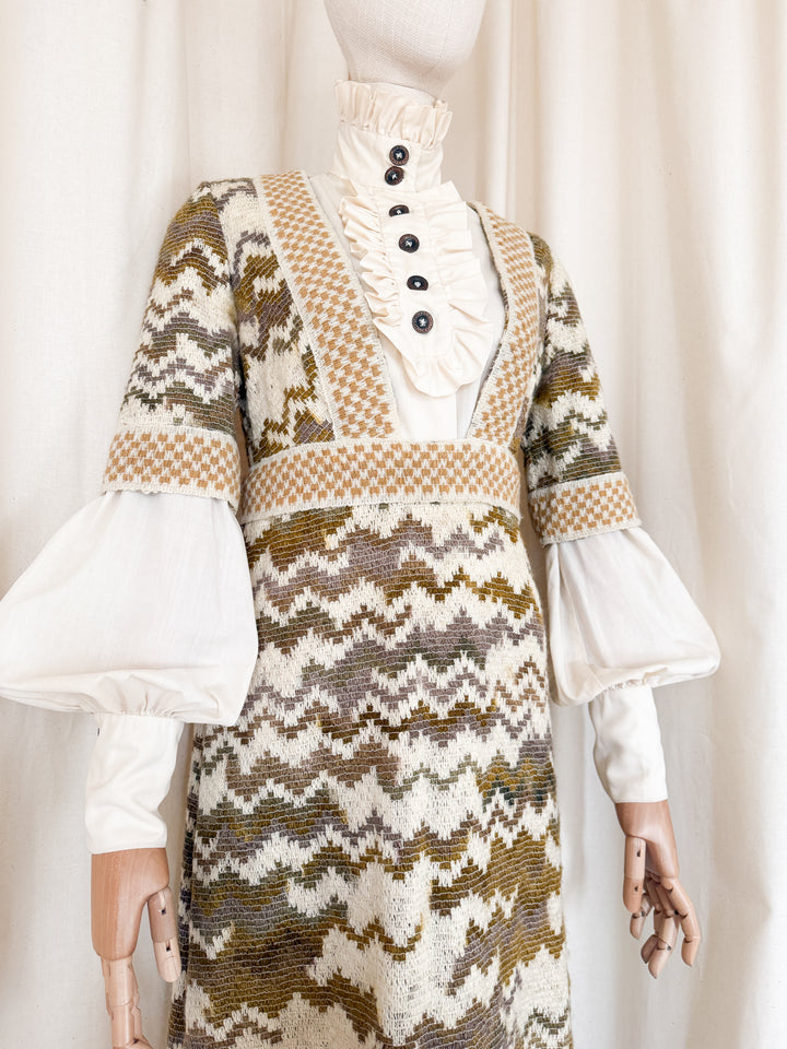 Precious Holy Grail Rare Jean Varon Heavy Woven Wool 1970s Dress and Blouse Ensemble