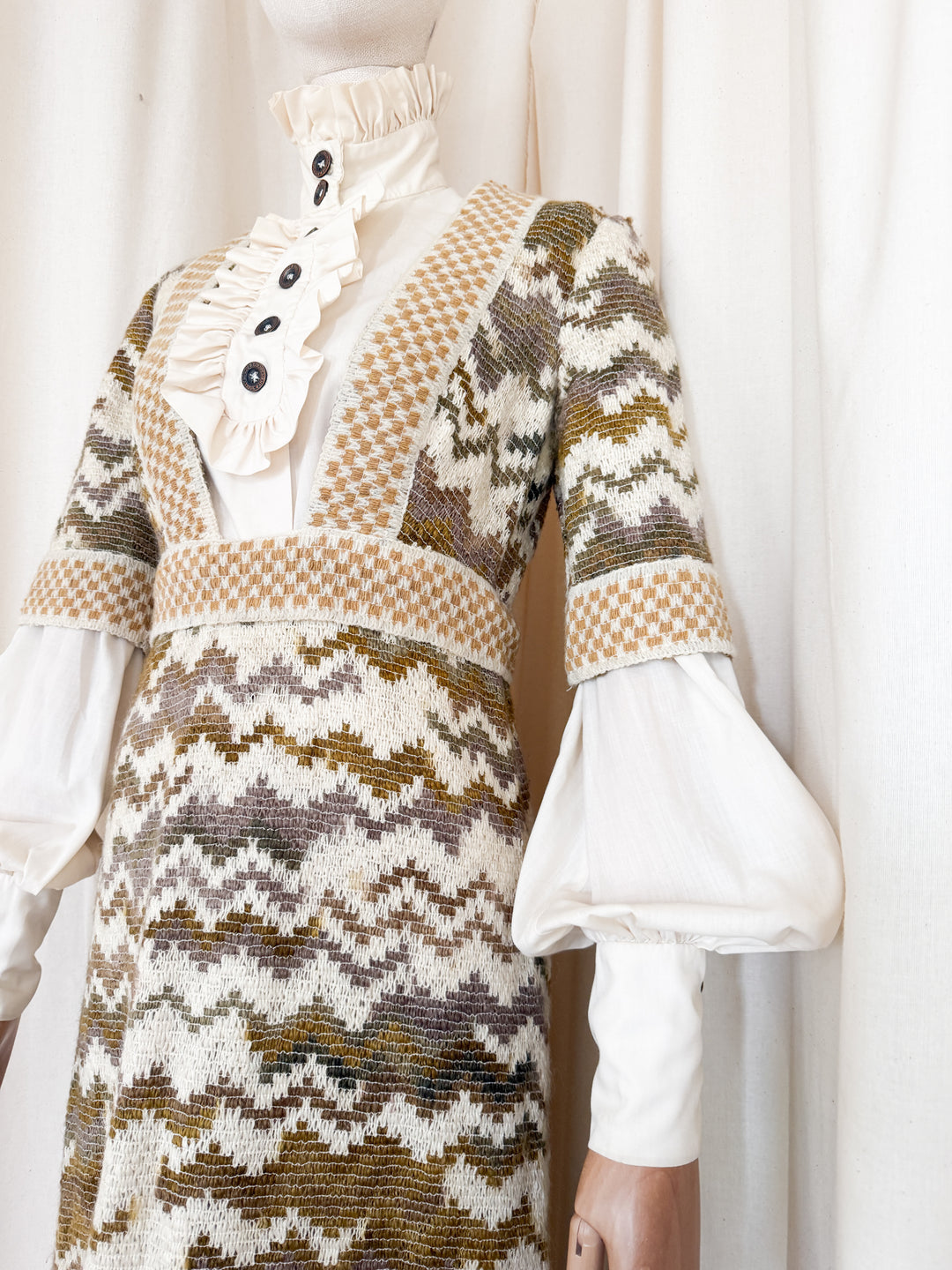 Precious Holy Grail Rare Jean Varon Heavy Woven Wool 1970s Dress and Blouse Ensemble