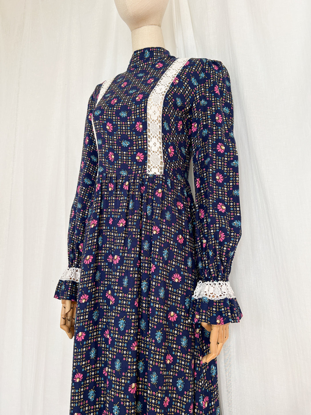 Daisy ~ Stunning Navy Floral Lace Detailed 70s Cotton Prairie Dress