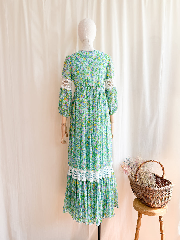 Gorgeous 70s Vibrant Watercolour Floral Bohemian Cotton Maxi Dress