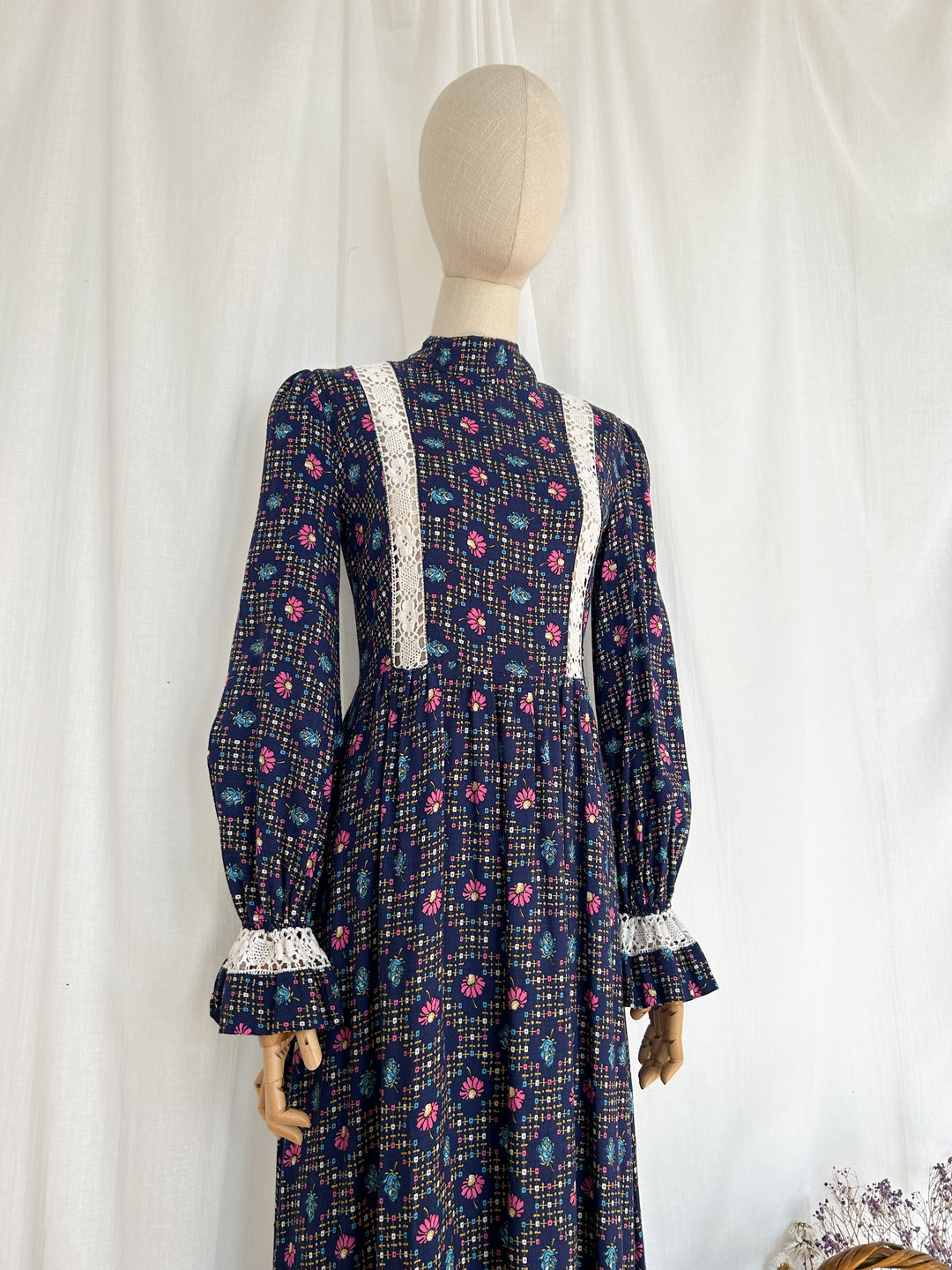 Daisy ~ Stunning Navy Floral Lace Detailed 70s Cotton Prairie Dress