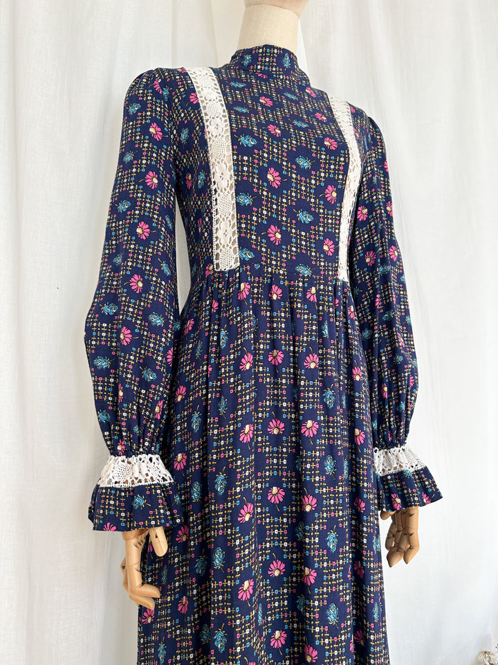 Daisy ~ Stunning Navy Floral Lace Detailed 70s Cotton Prairie Dress