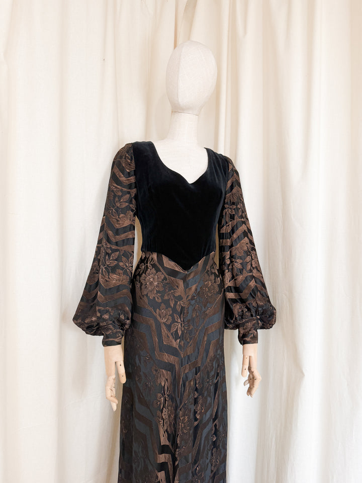 Gorgeous 1970s Jacquard and Velvet Maxi Dress by Kati