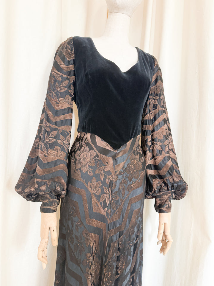 Gorgeous 1970s Jacquard and Velvet Maxi Dress by Kati