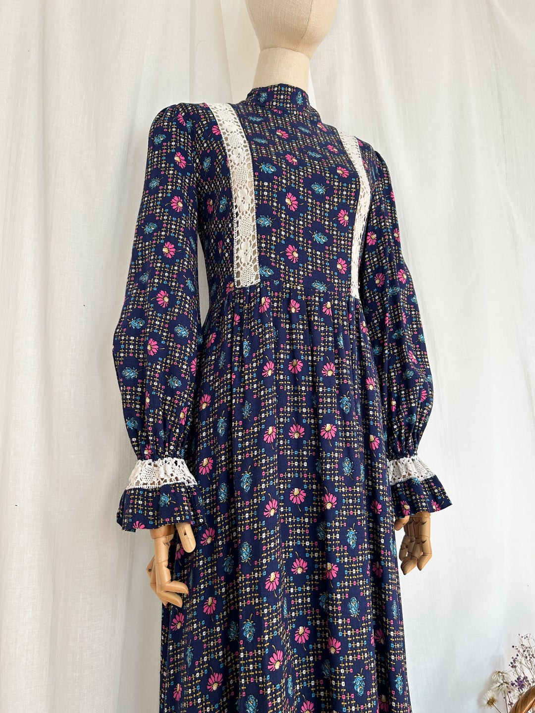 Daisy ~ Stunning Navy Floral Lace Detailed 70s Cotton Prairie Dress