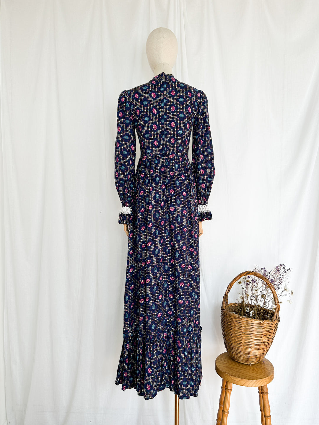 Daisy ~ Stunning Navy Floral Lace Detailed 70s Cotton Prairie Dress