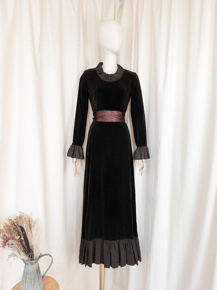 Breathtaking Rare 1970s Peter Barron Brown Velvet Maxi Dress