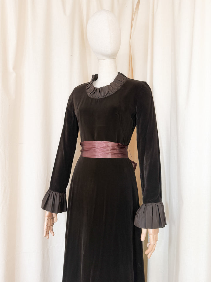 Breathtaking Rare 1970s Peter Barron Brown Velvet Maxi Dress