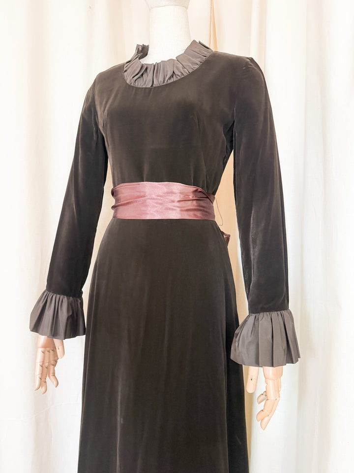 Breathtaking Rare 1970s Peter Barron Brown Velvet Maxi Dress