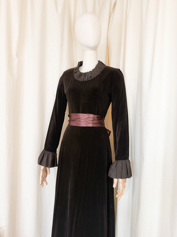 Breathtaking Rare 1970s Peter Barron Brown Velvet Maxi Dress