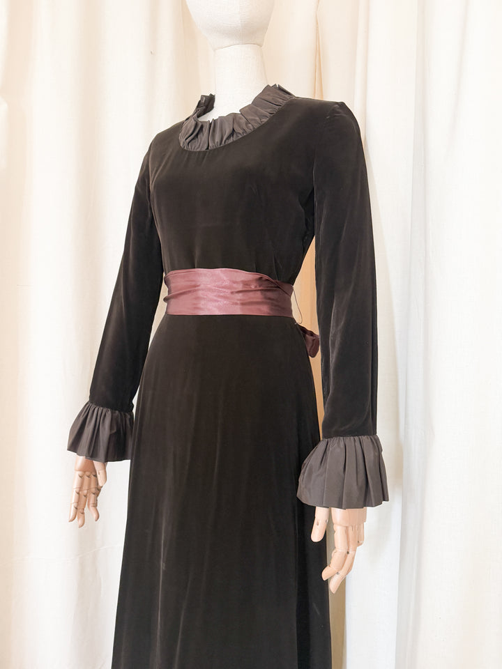 Breathtaking Rare 1970s Peter Barron Brown Velvet Maxi Dress