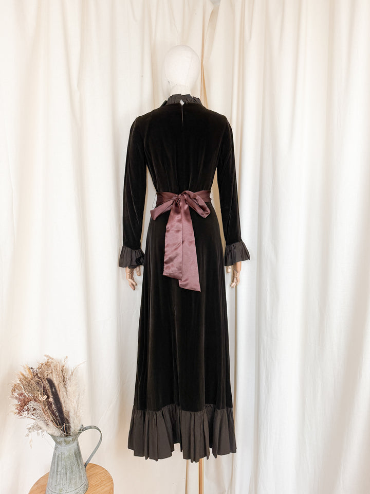 Breathtaking Rare 1970s Peter Barron Brown Velvet Maxi Dress