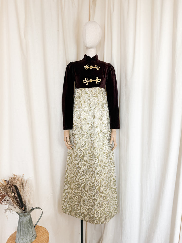 Adorable Early 1970s Rare Velvet and Brocade Maxi Dress