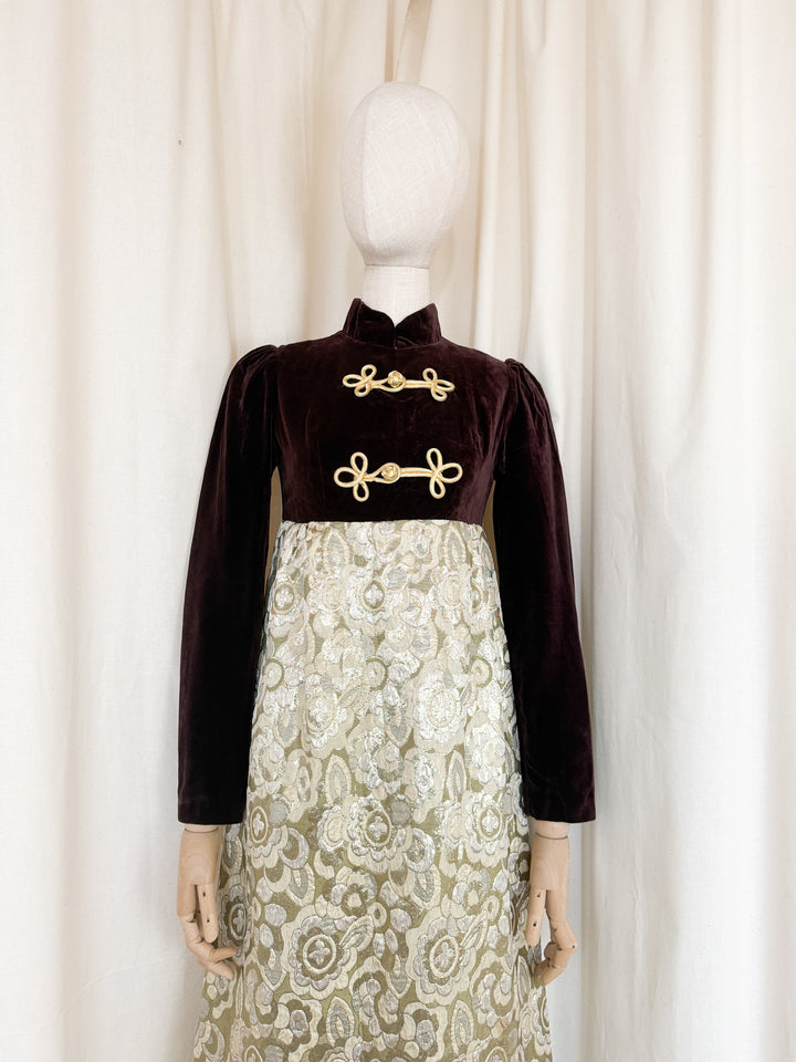 Adorable Early 1970s Rare Velvet and Brocade Maxi Dress