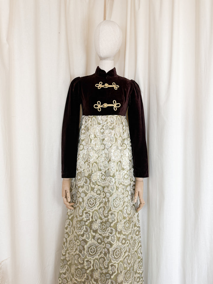 Adorable Early 1970s Rare Velvet and Brocade Maxi Dress