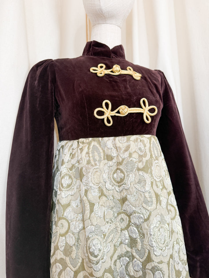 Adorable Early 1970s Rare Velvet and Brocade Maxi Dress
