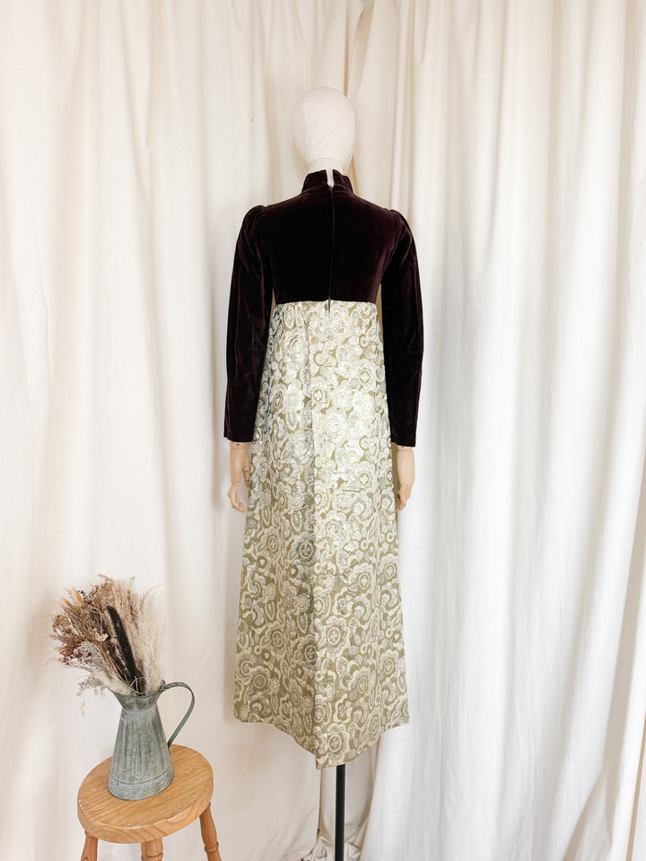Adorable Early 1970s Rare Velvet and Brocade Maxi Dress