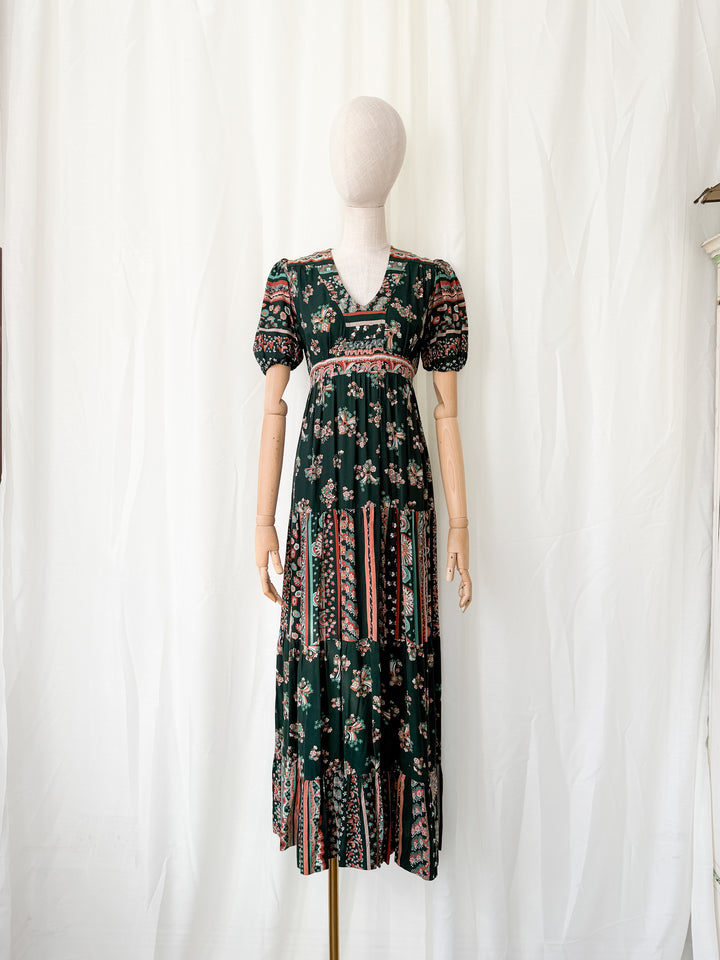 Gorgeous 1970s Louis Caring Dark Green Tiered Cotton Maxi Dress
