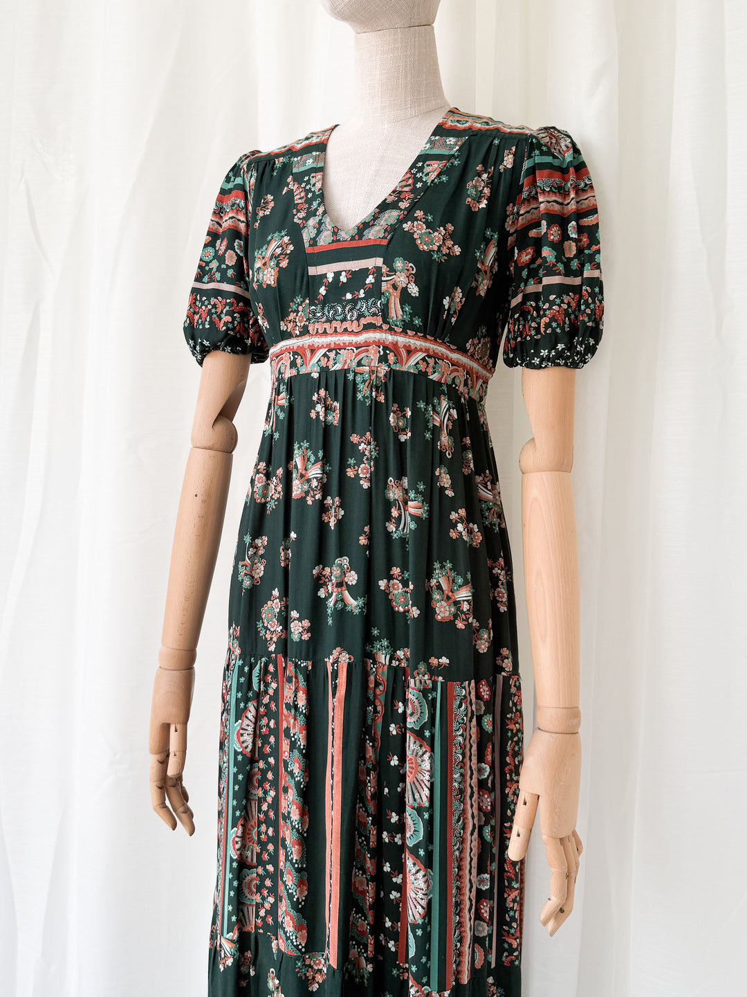 Gorgeous 1970s Louis Caring Dark Green Tiered Cotton Maxi Dress