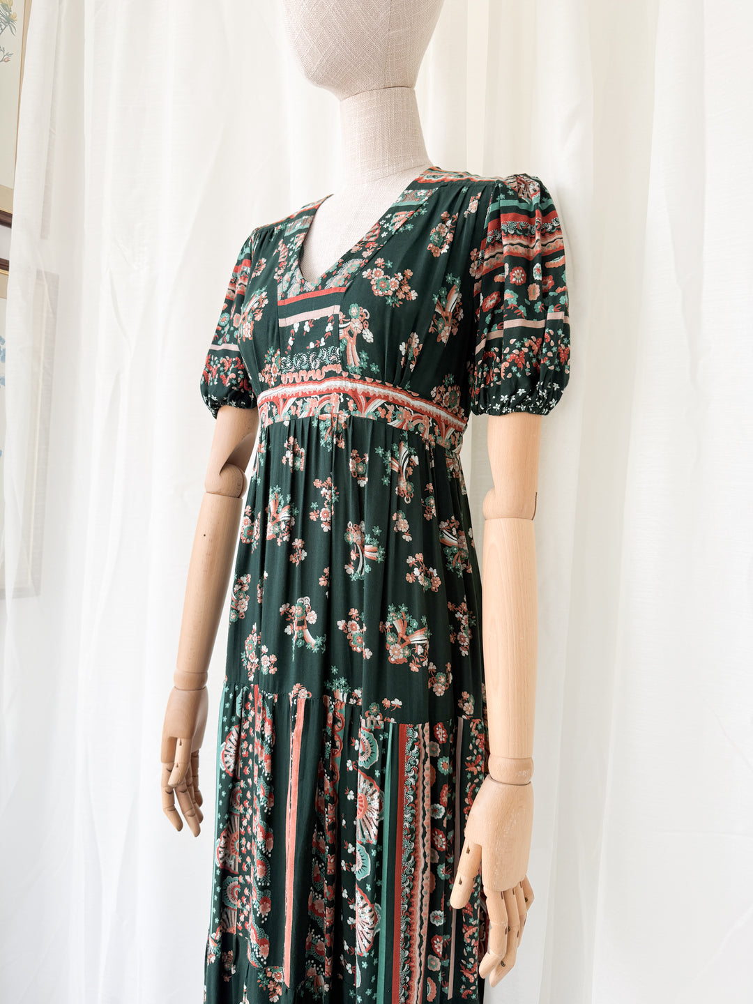 Gorgeous 1970s Louis Caring Dark Green Tiered Cotton Maxi Dress