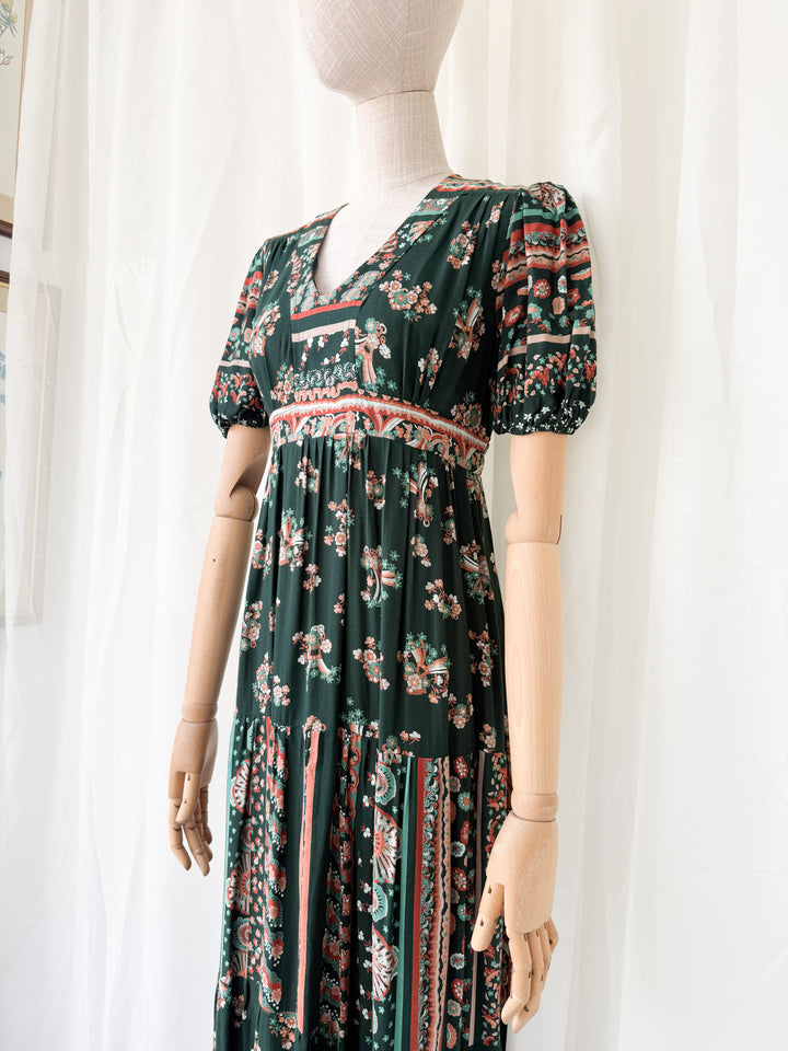 Gorgeous 1970s Louis Caring Dark Green Tiered Cotton Maxi Dress