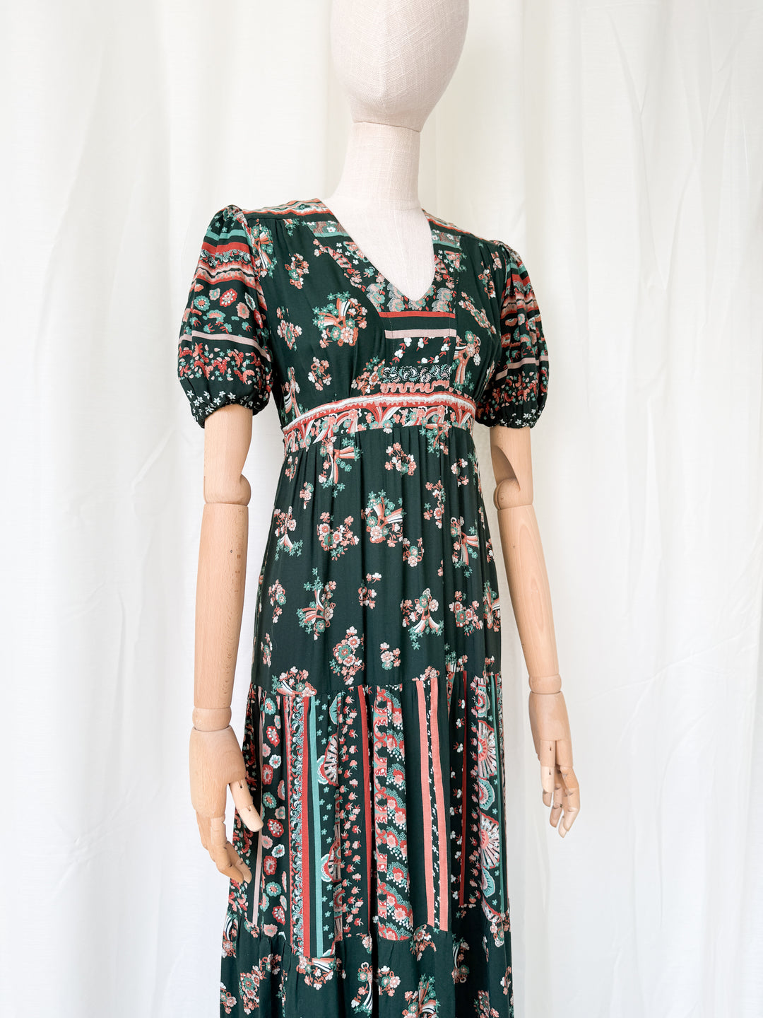 Gorgeous 1970s Louis Caring Dark Green Tiered Cotton Maxi Dress
