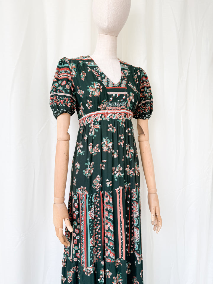 Gorgeous 1970s Louis Caring Dark Green Tiered Cotton Maxi Dress