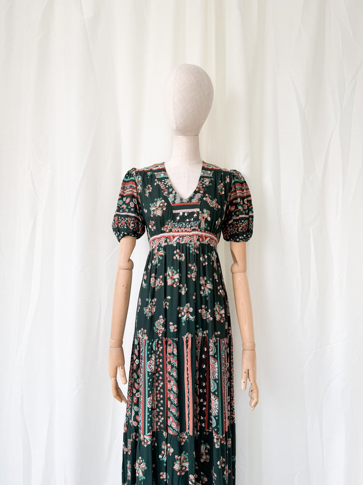 Gorgeous 1970s Louis Caring Dark Green Tiered Cotton Maxi Dress