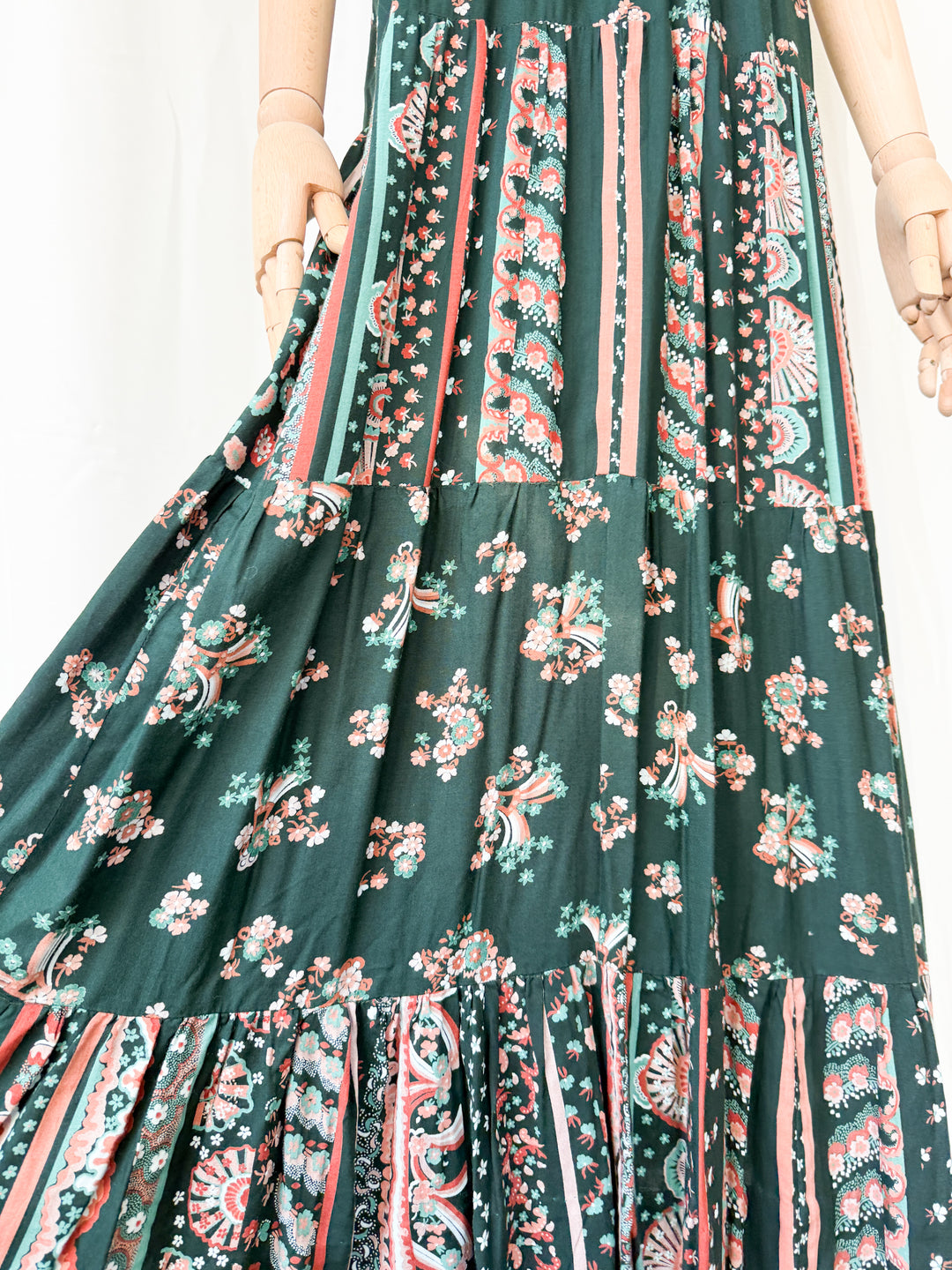 Gorgeous 1970s Louis Caring Dark Green Tiered Cotton Maxi Dress