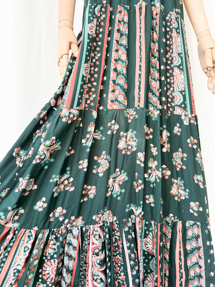 Gorgeous 1970s Louis Caring Dark Green Tiered Cotton Maxi Dress