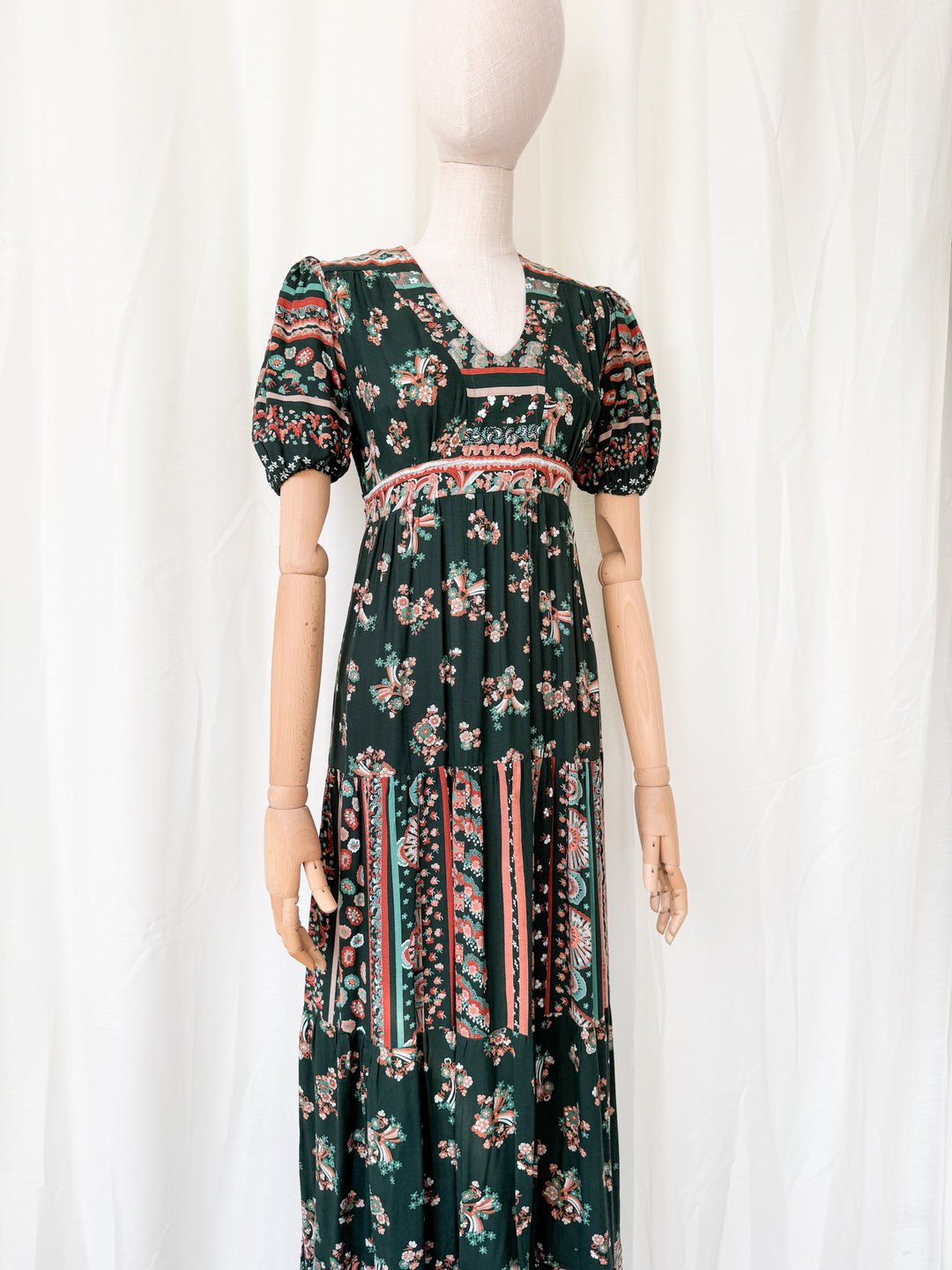 Gorgeous 1970s Louis Caring Dark Green Tiered Cotton Maxi Dress