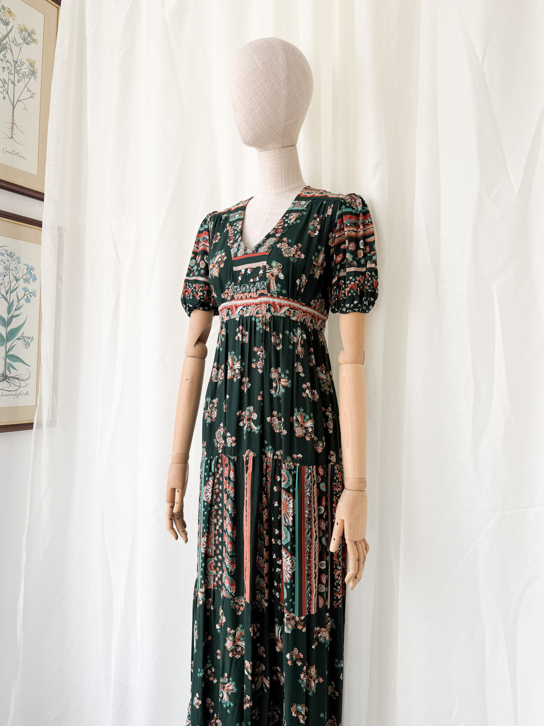 Gorgeous 1970s Louis Caring Dark Green Tiered Cotton Maxi Dress
