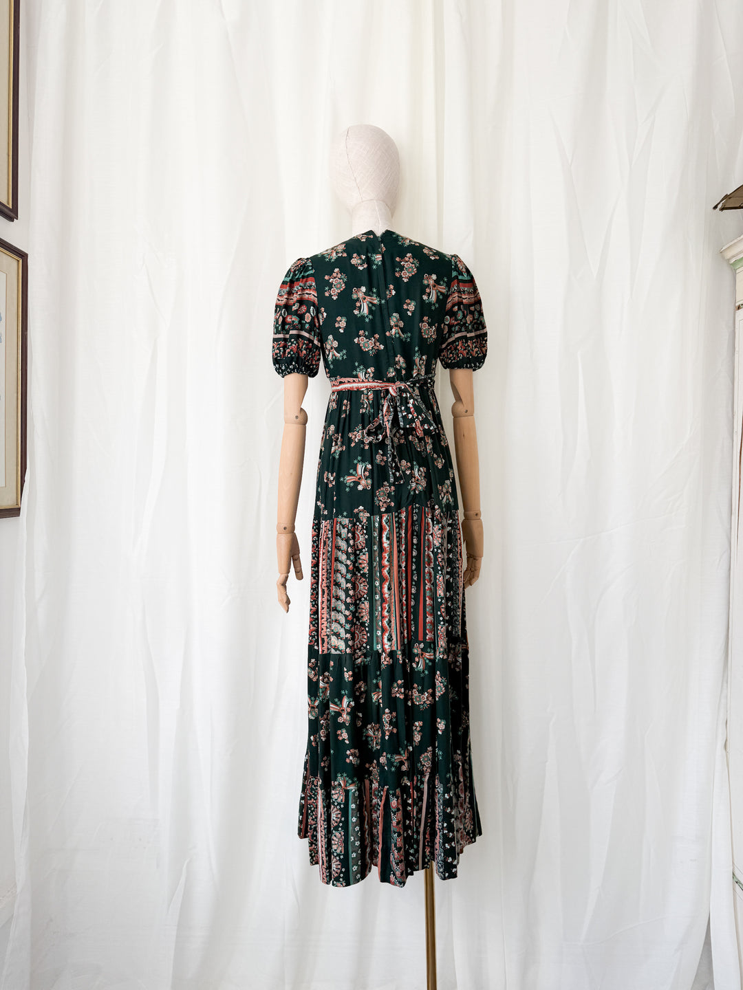 Gorgeous 1970s Louis Caring Dark Green Tiered Cotton Maxi Dress