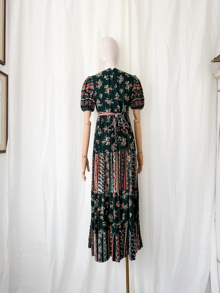 Gorgeous 1970s Louis Caring Dark Green Tiered Cotton Maxi Dress