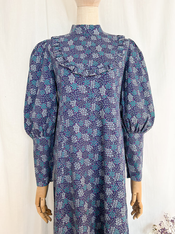 Eve ~ Cute Blue Toned Floral Cotton Mutton Sleeve 70s Midi Dress