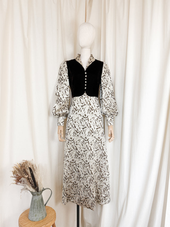 Stunning Rare 1970s Golden Brown Velvet and Brocade Maxi Dress by Clevaline