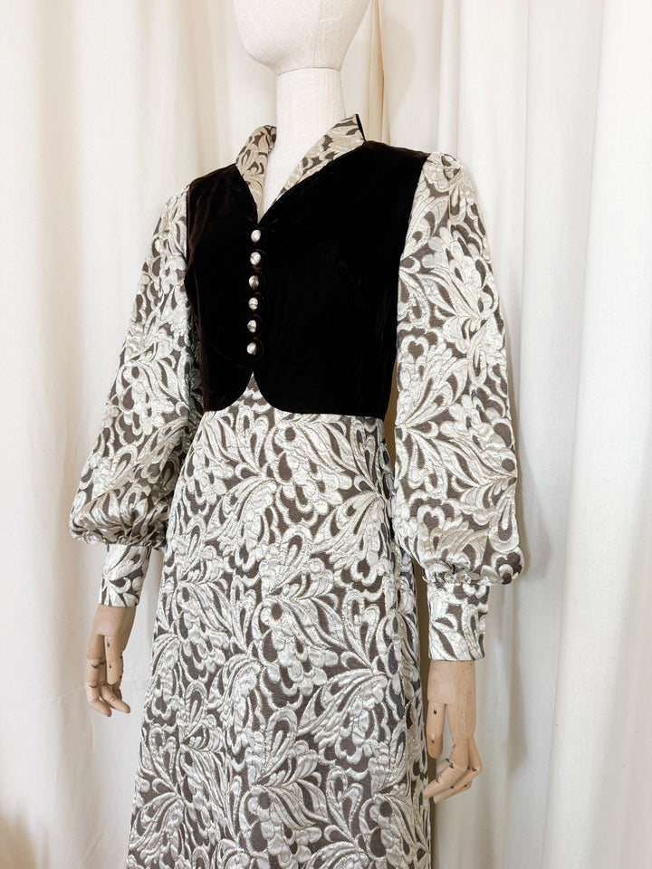 Stunning Rare 1970s Golden Brown Velvet and Brocade Maxi Dress by Clevaline