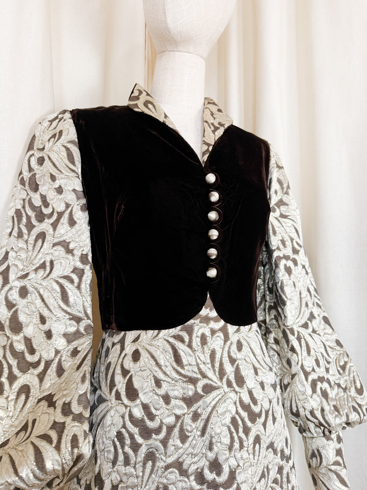 Stunning Rare 1970s Golden Brown Velvet and Brocade Maxi Dress by Clevaline