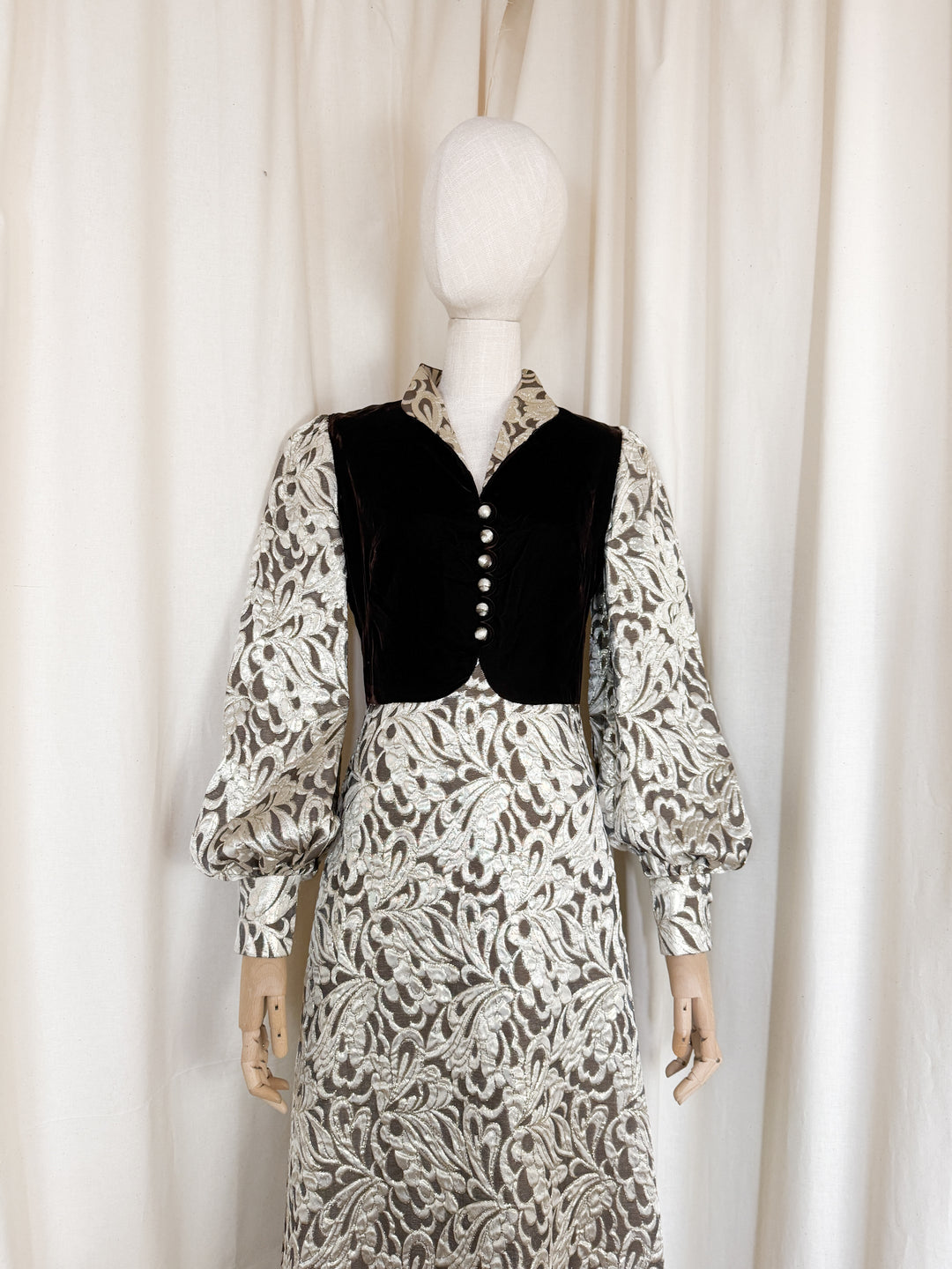 Stunning Rare 1970s Golden Brown Velvet and Brocade Maxi Dress by Clevaline