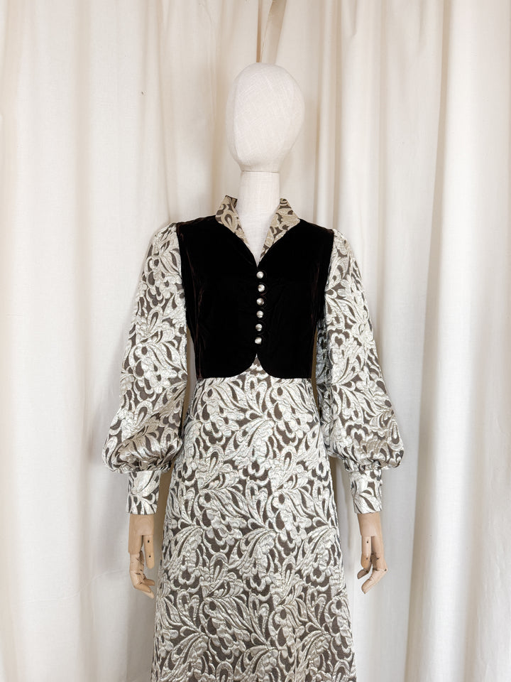 Stunning Rare 1970s Golden Brown Velvet and Brocade Maxi Dress by Clevaline