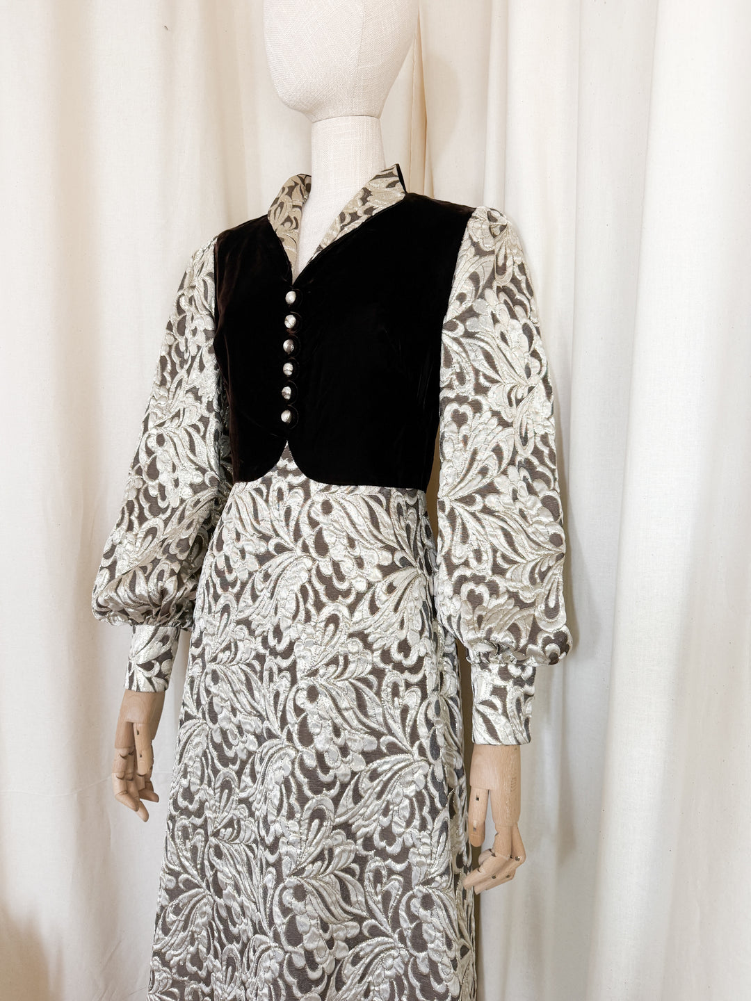 Stunning Rare 1970s Golden Brown Velvet and Brocade Maxi Dress by Clevaline