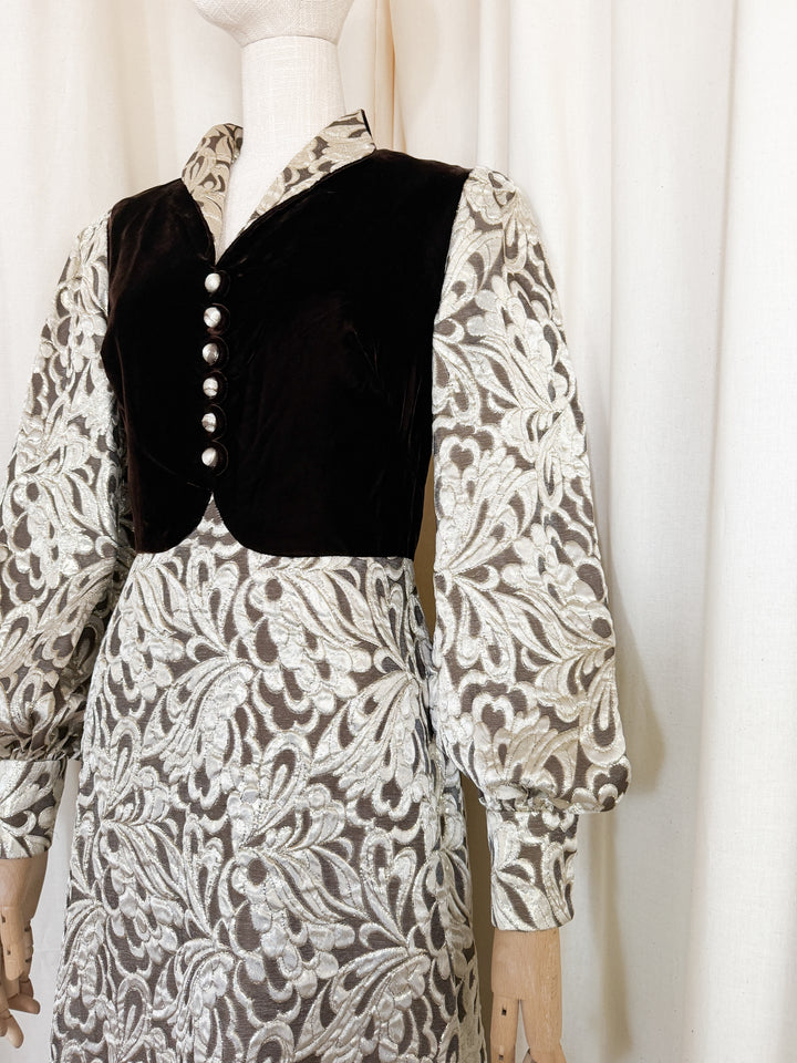Stunning Rare 1970s Golden Brown Velvet and Brocade Maxi Dress by Clevaline